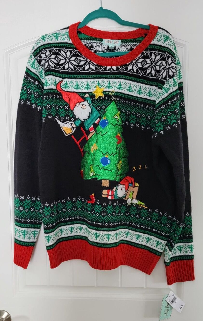 Holiday Hype Men's Christmas Sweater 3D Appliqué Santa w Beer XL New w tags